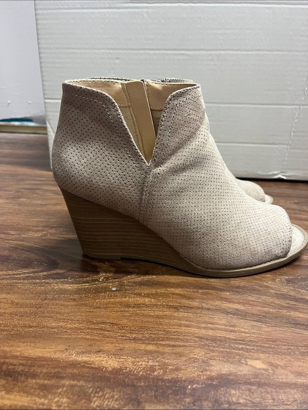 Time and Tru Taupe Perforated Peep-Toe Wedge Booties